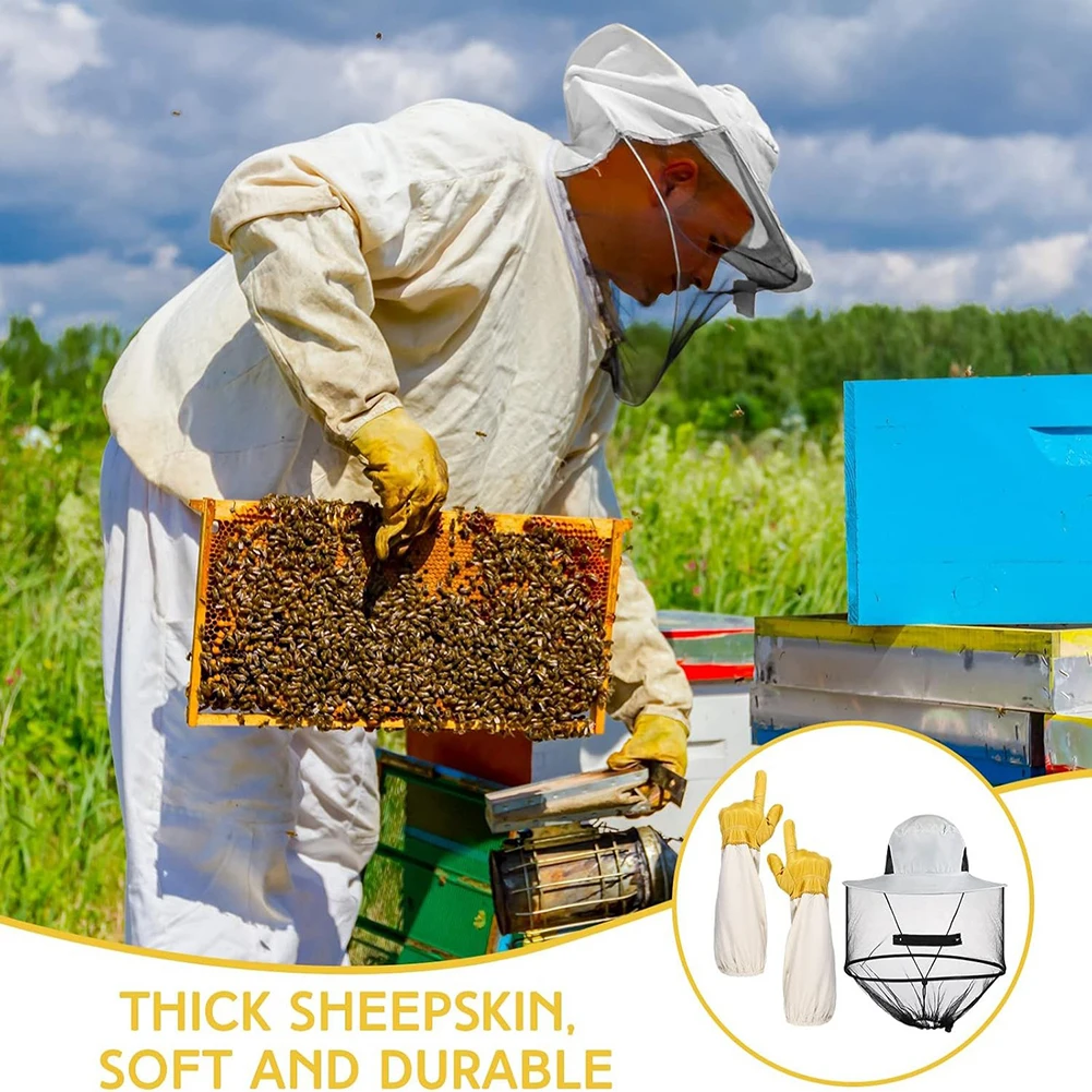 Beekeeping Protective Clothing Set Apiary Veil And Gloves Combo Heavy-Duty Goatskin Gloves Prevent Bees Stings Safety Gear