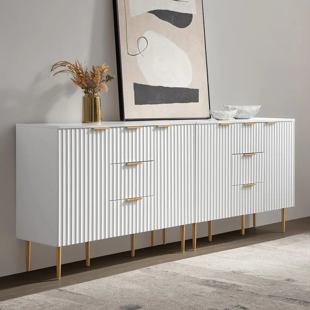 

Buffet Sideboard Fluted Storage Cabinet With Doors And Shelves, 86 H White Buffet Cabinet With 3 Drawers, Large Coffee Bar