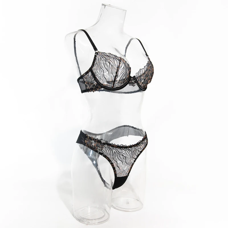 Bikini French-style sexy leopard print lingerie ultra-thin mesh embroidered see-through bra two-piece set