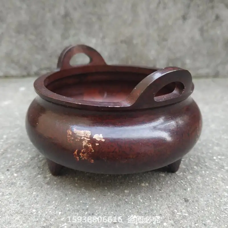 antique ware collection vintage gold point craft red leather three-legged Xuande furnace line incense burner Copper