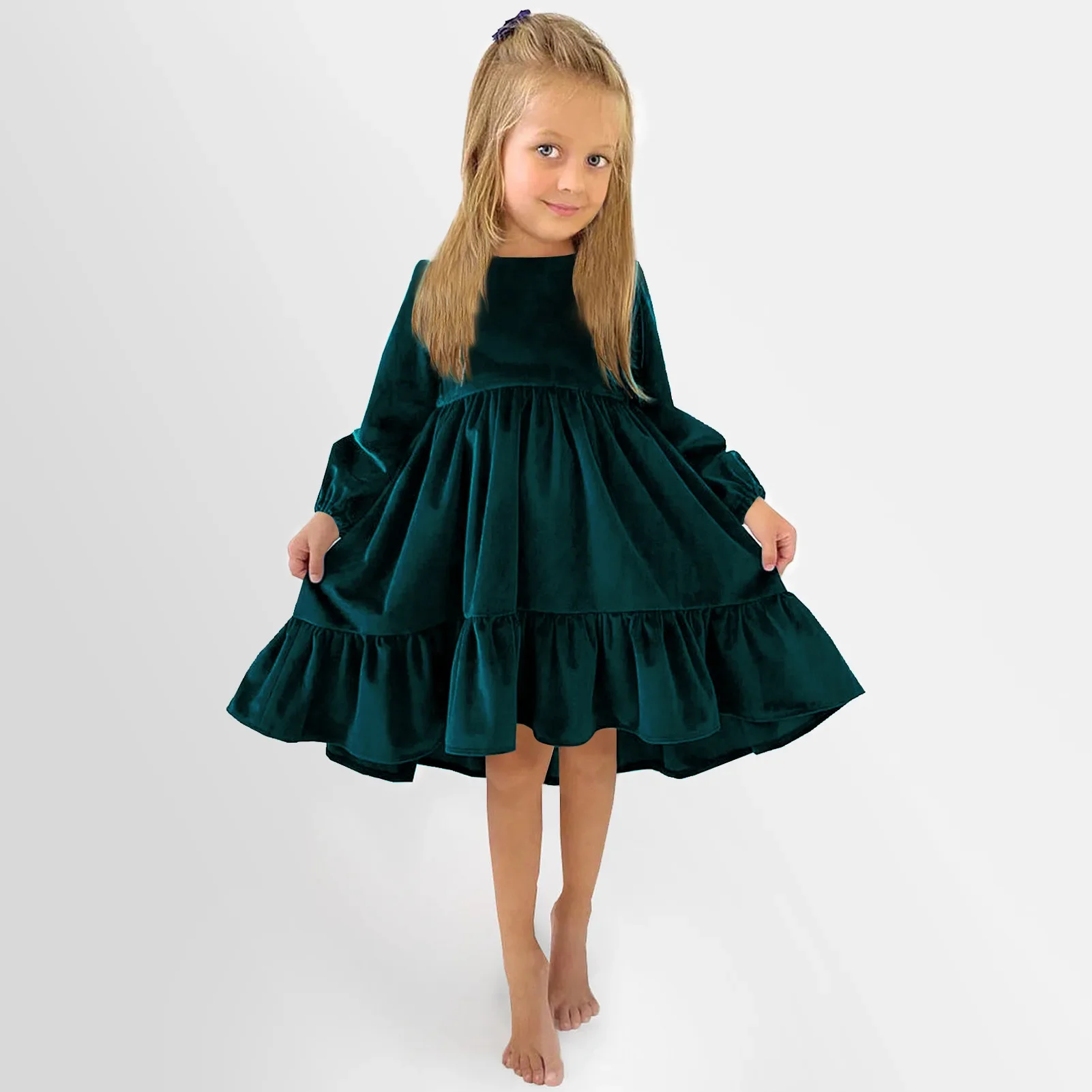 

New 7-12 years Girls Spring Autumn Winter Velvet Long Sleeve Ruffle Hem Dress Princess Kids Party Dressess Children Clothing