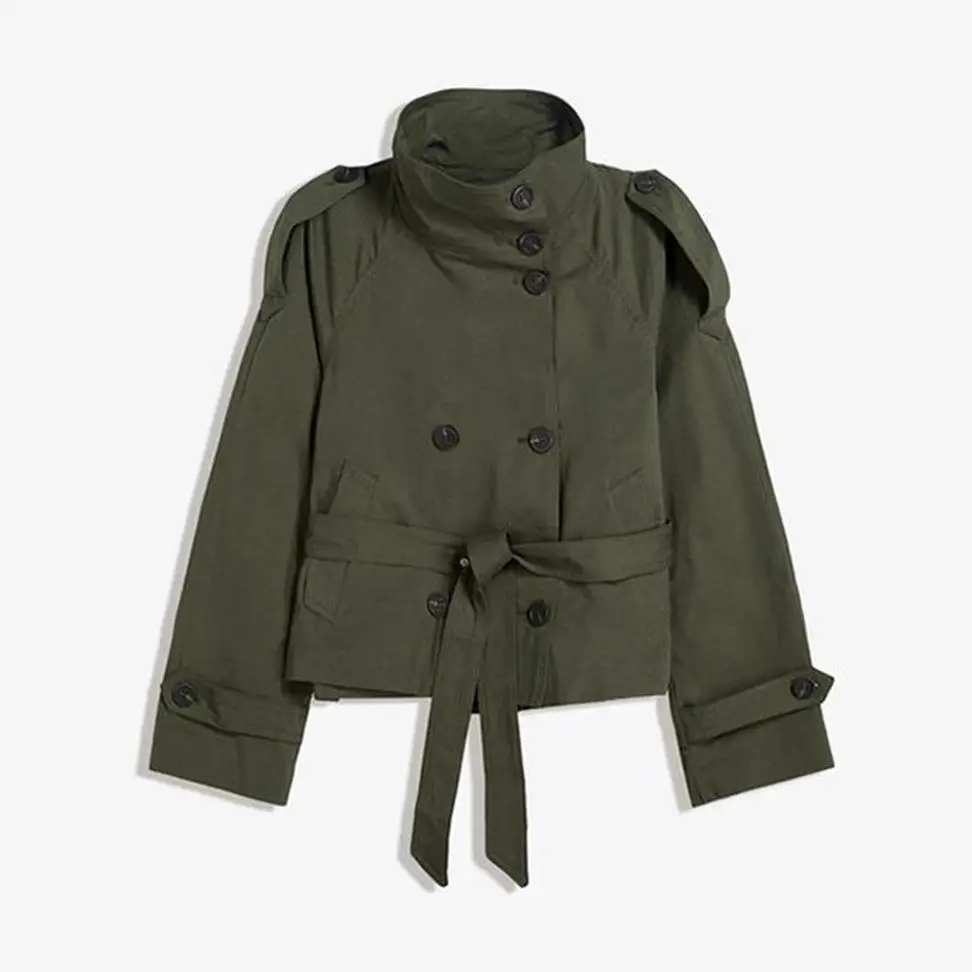 

Ele осенне-зимнее женское пальто с воротником-стойкой и двойной пуговицей на талии, ветровка с поясом, длинная свеч, чистый цвет, материал из искусственной кожи