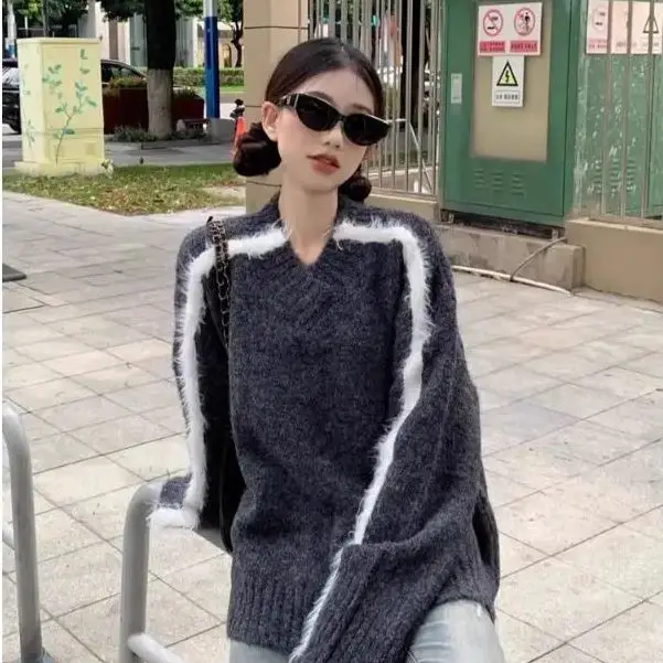 

Pullover Sweater New Color Block Gray V-Neck Women Lazy Style Loose Sweater Chic Versatile Top