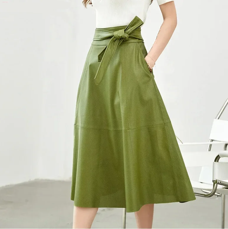 Goatskin Skirts Women 2024 New Female Classic Hepburn Laser Punching Off White Green Faldas Mujer Below Knee Umbrella Long Saia