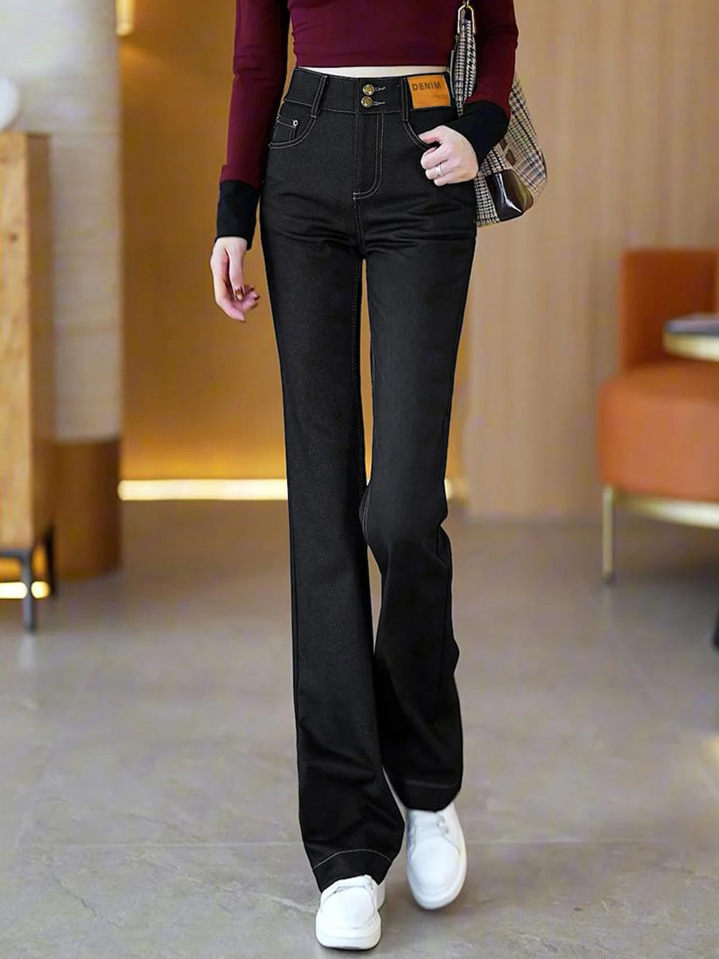 

Джинсы-клеш с высокой талией для женщин, повседневные, с высокой эластичностью, слегка расклешенные, из денима, весна-осень, новый стиль