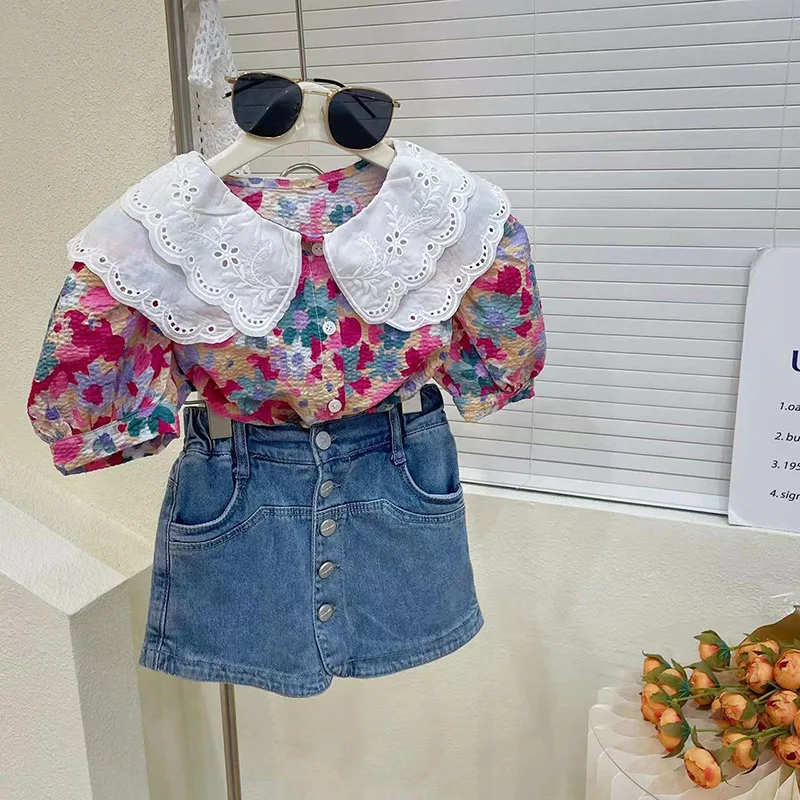 

Girls' Floral Collar Short Sleeve Shirt Top+Denim Skirt Pants Two-Piece Set New Children's Summer Outfit