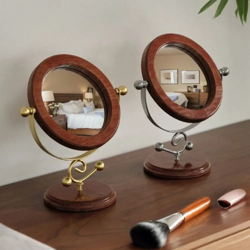 

Rotating Design Wood Makeup Mirror Retro Style Makeup Application Desktop Mirror Simple Home Accessory Decorative Mirror