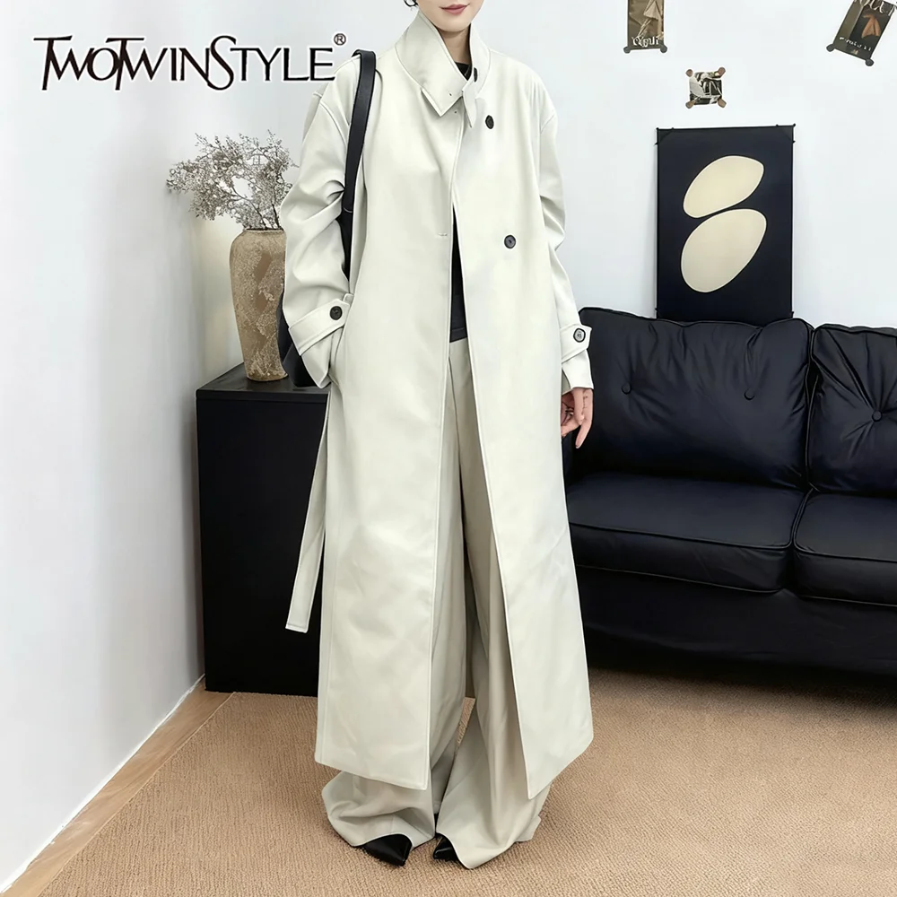 

TWOTWINSTYLE Solid Spliced Buttons French Trench Female Turtleneck Long Sleeve Loose Streetwear Women's Trenchs Autumn Fashion