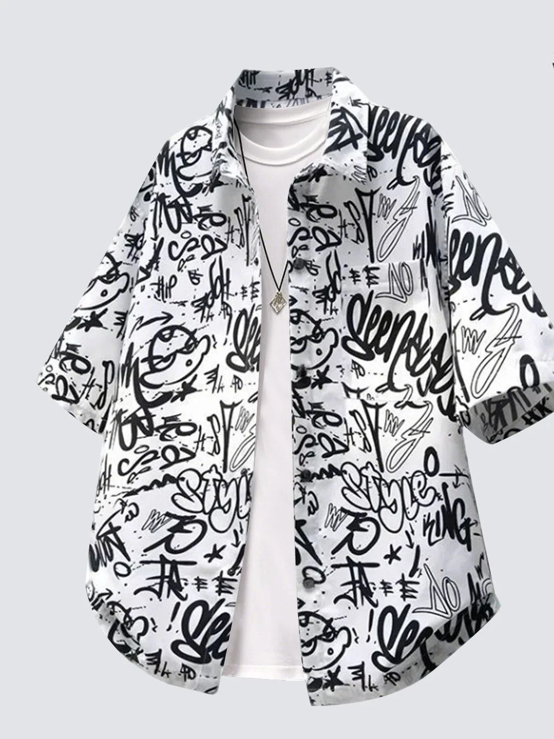 Doodle Print Ice Silk Loose Casual Short Sleeve Shirt Men's Summer Breathable Cool Feeling No Ironing Loose Half Sleeve Jacket