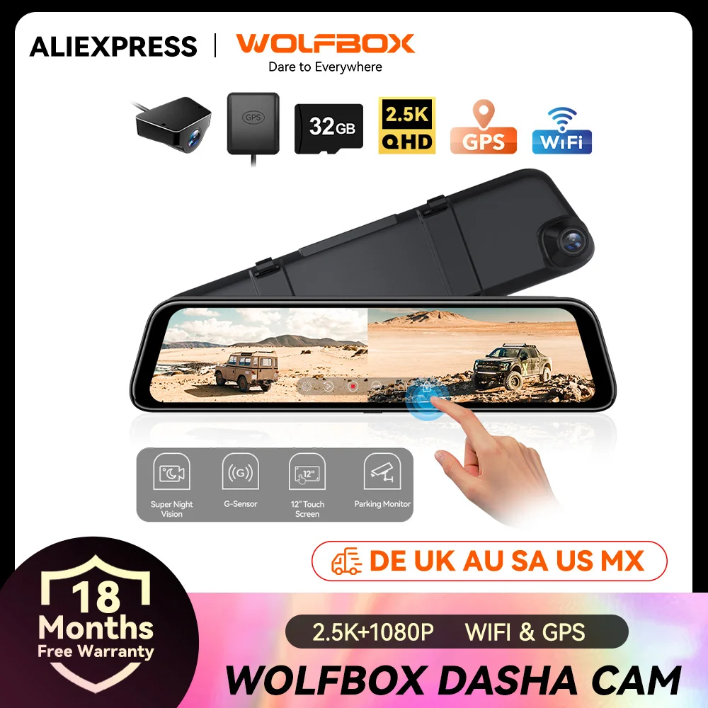 WOLFBOX WiFi Rearview Dash Cam G840H 12inch Front and Rear WiFi Dashcam WDR 2K 140FOV WOLFBOX WiFi Car DVR Super Night Vision MX