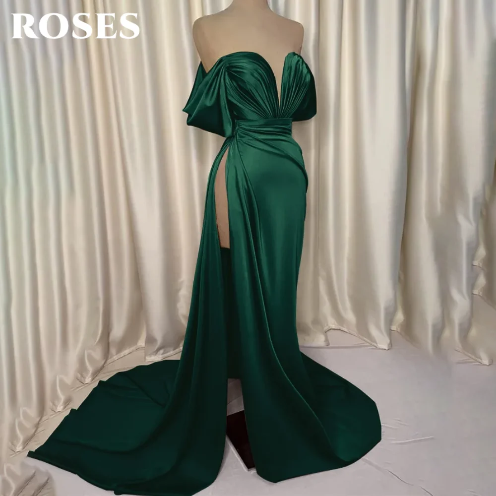 فستان سهرة باللون الأخضر الوردي قبالة الكتف من الساتان مناسبة رسمية فستان طيات فساتين حفلات البوق مع فتحة عالية مخصصة