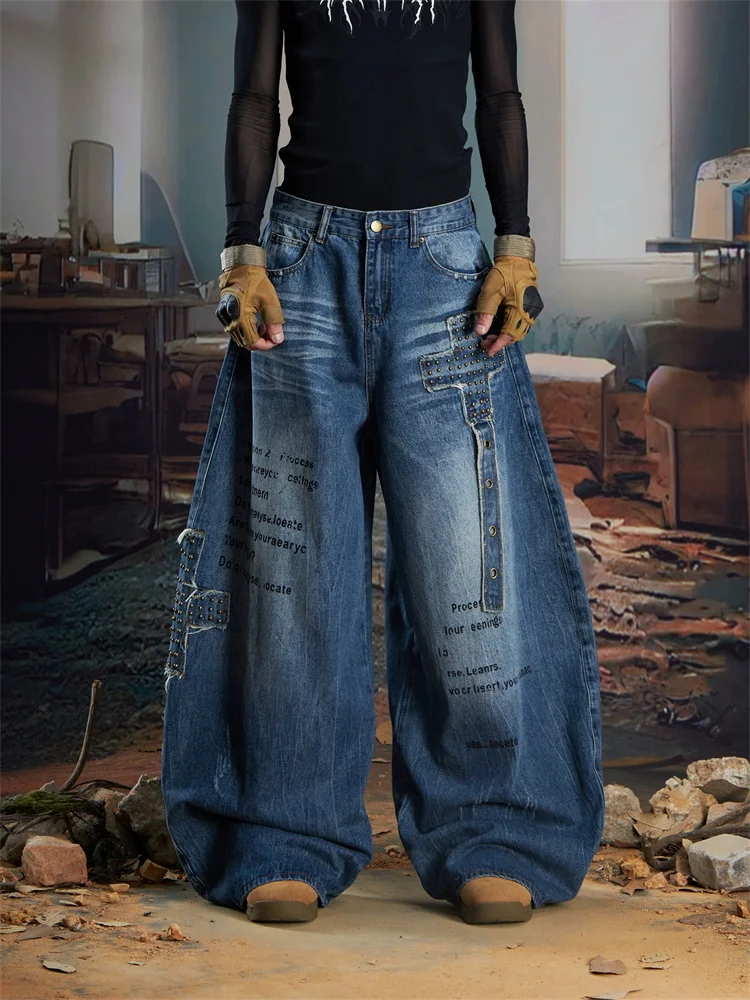 Heavy Duty Studded Patch Curved Hem Jeans Women Fall American Streetwear Wide Leg Trousers Loose Design Y2K Denim Pants