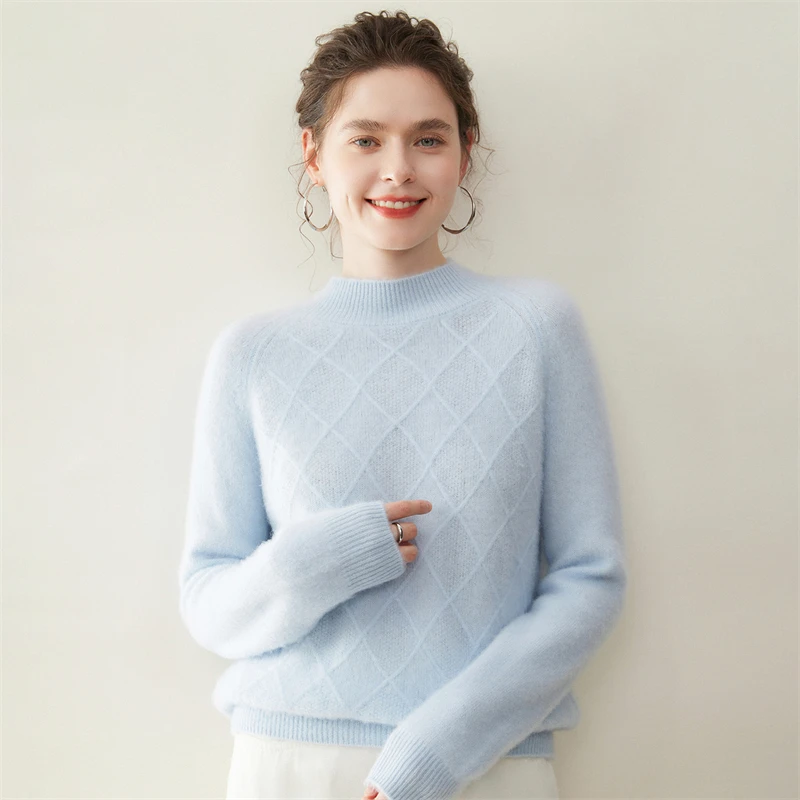

Autumn Winter Woman 100% Cashmere Sweater Casual Fashion Half High Neck Pullover Tops Women Knitted Soft Thick Warm Clothes