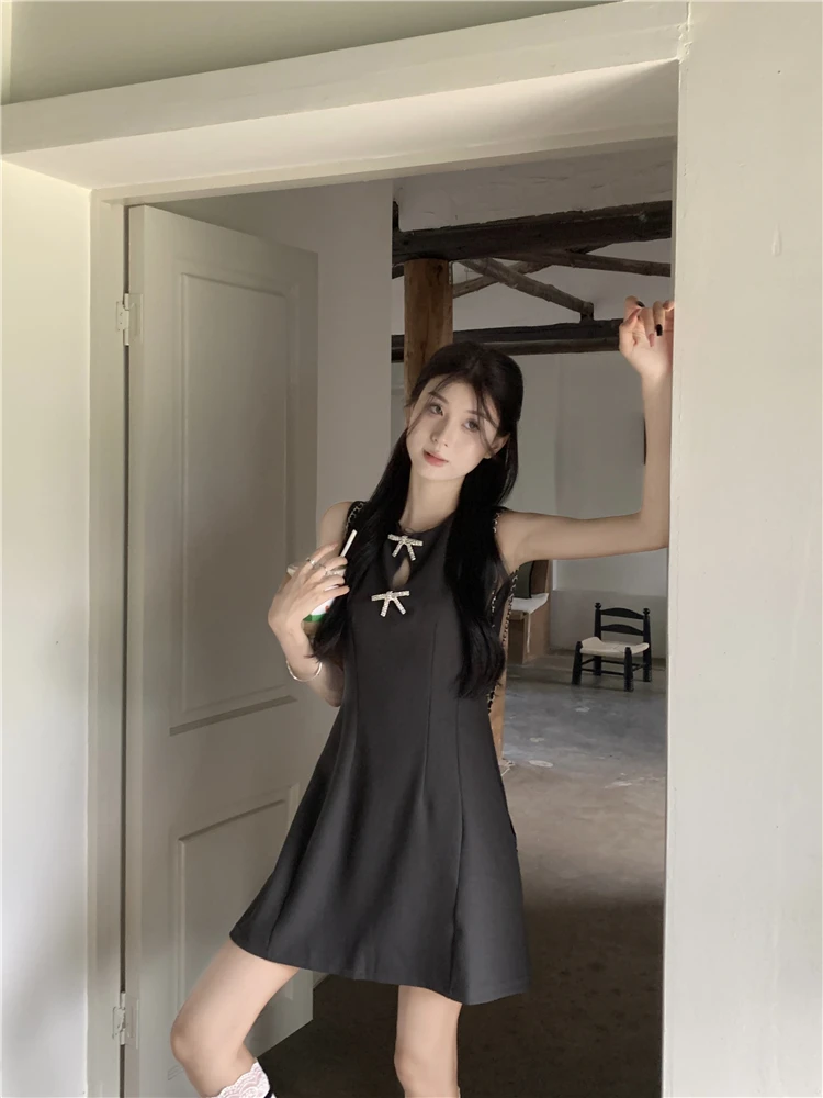 Summer Bow Vintage Elegant Sleeveless Hollow Out Dress Women Mini A-line Frock Evening Party 2000s One-Piece French