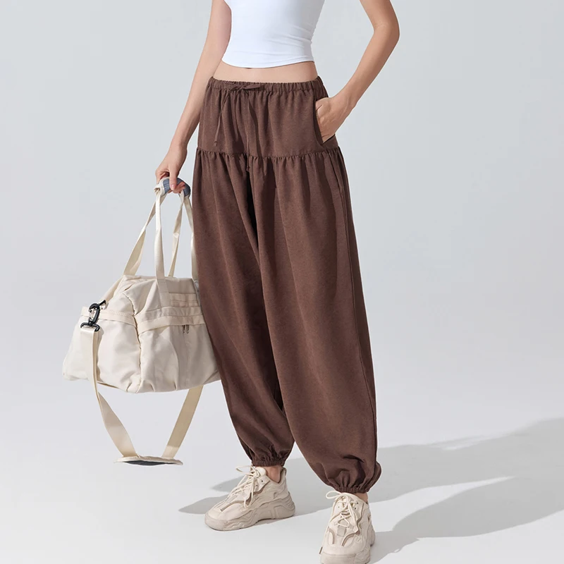 Nuove donne pantaloni da ballo larghi primavera estate sottili casual pieghettati sportivi Bloomers donna Y2K pantaloni da yoga a vita elastica con coulisse