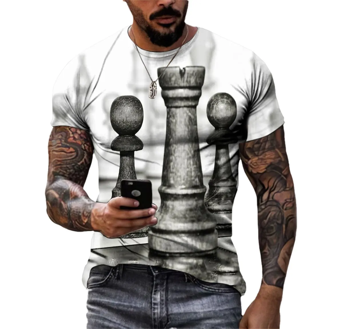 Summer Plaid State Chess Men\'S T-Shirt Tide Brand Board Loose Ins Super Fire O Neck Short Sleeve Game Suit Large Outline Shirt