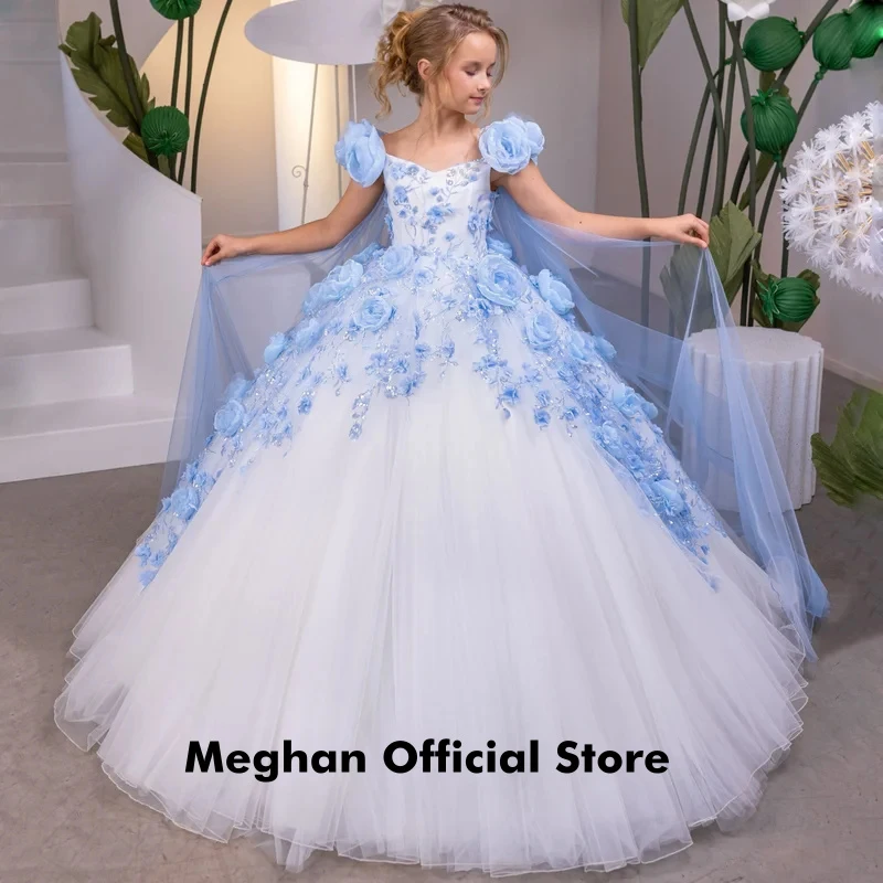 

Customized White Flower Girl Dress Tulle Blue Flowers Floral Appliques For Wedding Birthday Prom Party Evening Banquet Gown