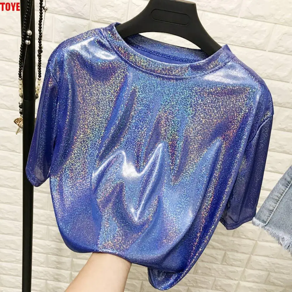 

Casual Top Vintage Fashion Silk Top Sequins Pink Ladies Shiny Loose T-shirt Aesthetic Purple Harajuku Short Sleeved Party