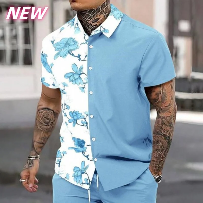

3D Printed Flowers Leaves Aloha Shirt For Men Colorful Splicing Graphic Blouses Casual Short Sleeve Hawalian Shirts Loose Tops