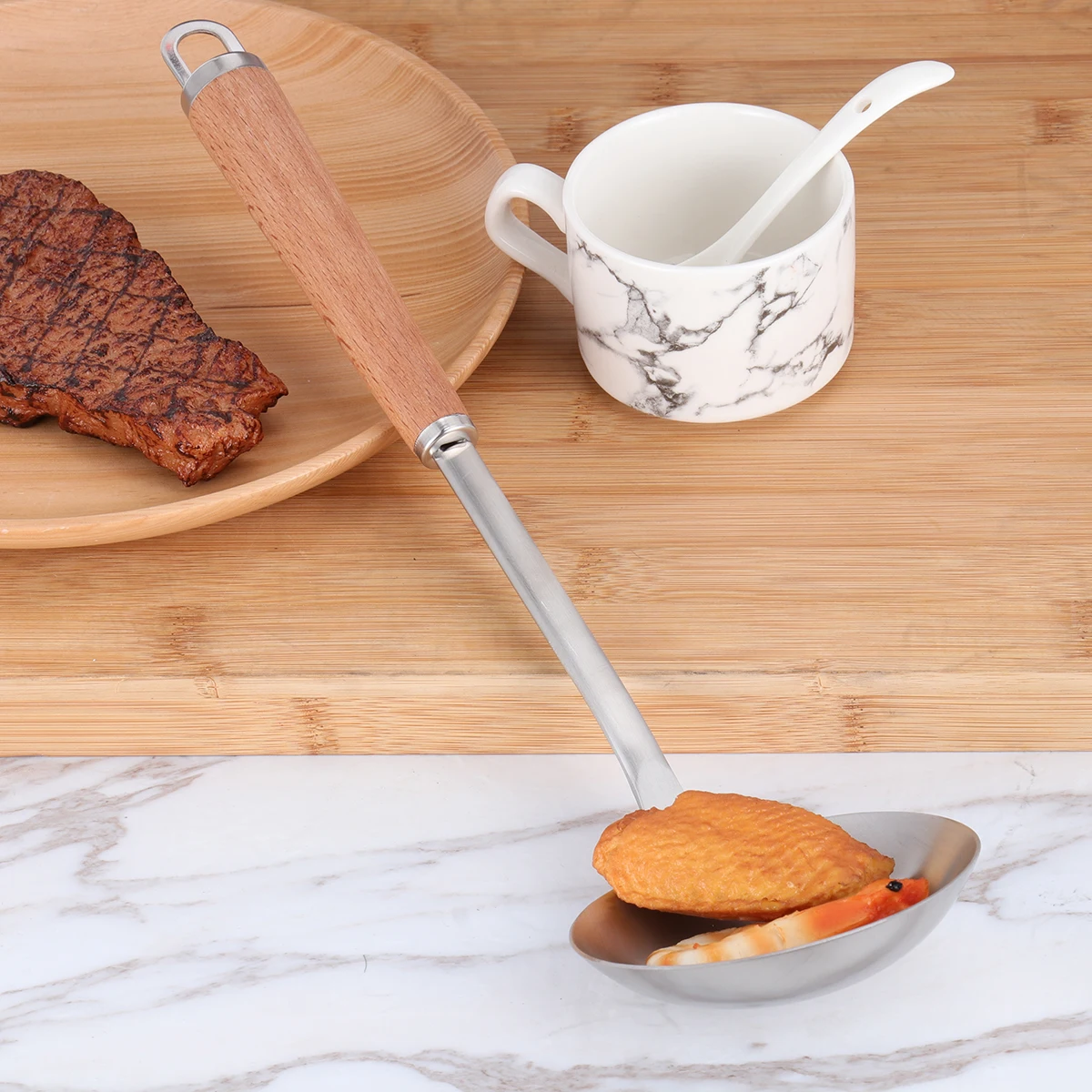 

Stainless Steel Spoon Hooked Handle Soup Long Safe Cooking Tool Mixing Ladle Bamboo Beech Utensil Smooth Delicate