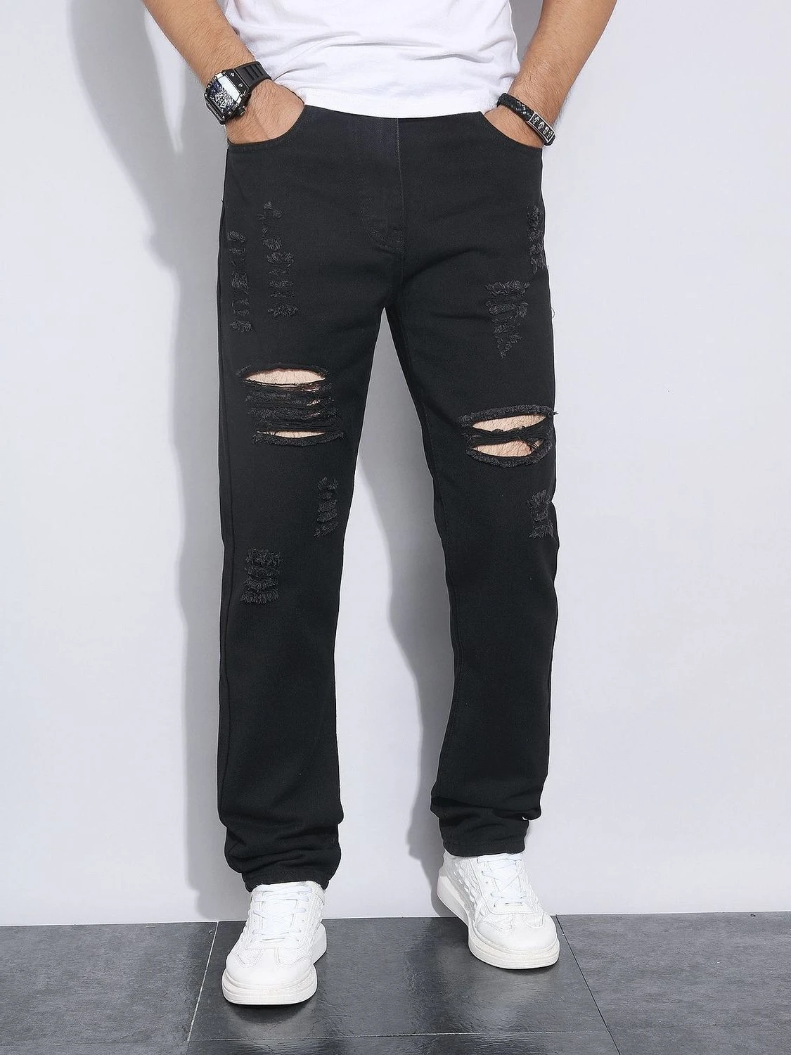 Mens American Summer Ripped Black Slim Jeans Trendy Casual Distressed Skinny Fit Fall Winter New Denim Pants