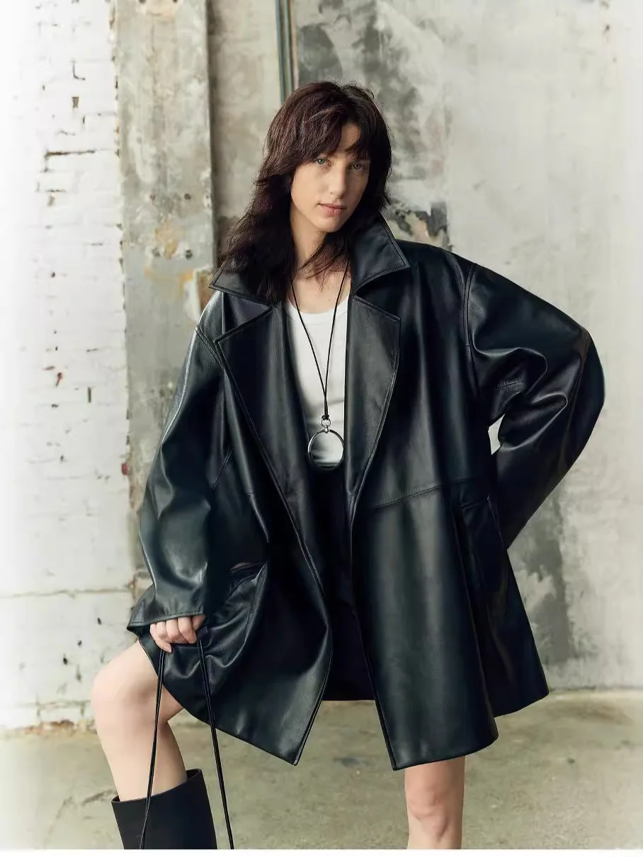 Minimalistischer Revers-Lederjackenmantel für Damen, importierter, pflanzlich gegerbter Lamm-Trenchcoat aus echtem Leder mit Spitze