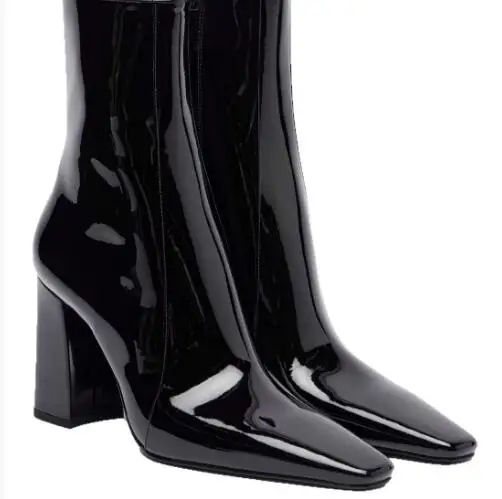 جديد الخريف النساء الأسود لامعة براءات الاختراع والجلود ساحة تو حذاء بكعب سميك سليم حذاء من الجلد السيدات عالية الكعب فارس الجوارب القصيرة الأحذية