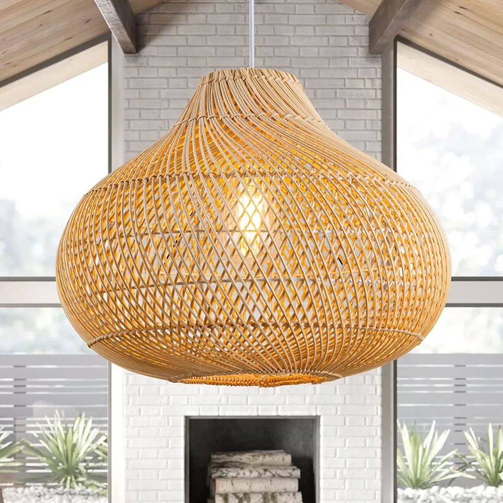 

Dia 16.5in Rattan Pendant Lights E26/E27 Wicker Chandeliers Hand-Woven Boho Hanging Lamps Rattan Basket Ceiling Lighting Fixture