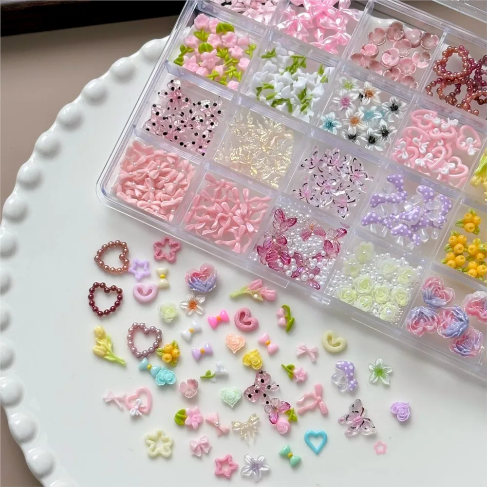 24rids 3D Kawaii Pink Bow Nail Rhinestones Cute Bowknot Flower Butterfly Nail Charms Y2K Resin Sweet Flat Back Nail Supplies