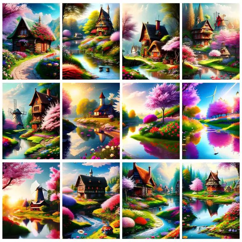 

GATYZTORY Diamond Painting With Frame Forest Landscape Wooden House Full Square Round Handmade Cross Stitch Wall Decors Gift