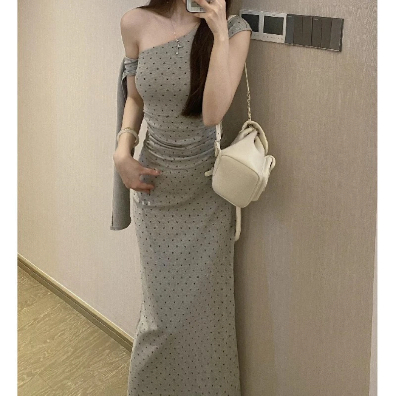 

Long Dress Women Dresses Oblique Shoulder Print Dot Vestidos Bodycon Y2k Streetwear Sleeveless High Waist Elegant Night Party