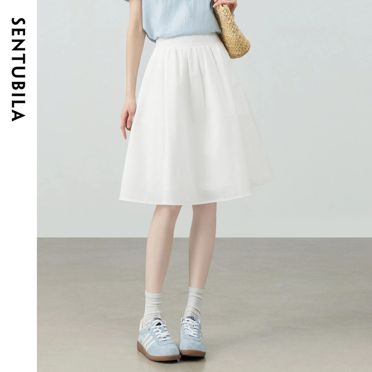 

SENTUBILA Women's White A-Line Skirt 2026 Summer New Minimalist Office Elastic Waist Pin Tuck Loose Casual Short Skirt 162QG6794