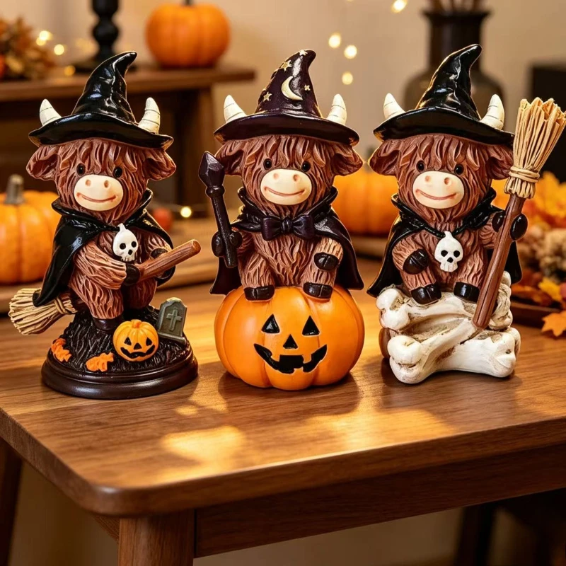 3 PCS Cute Highland Cow Witch Figurines Set Hand‑Painted Resin Ornaments Pumpkin Broom Bone Home Halloween Decor Holiday Gift