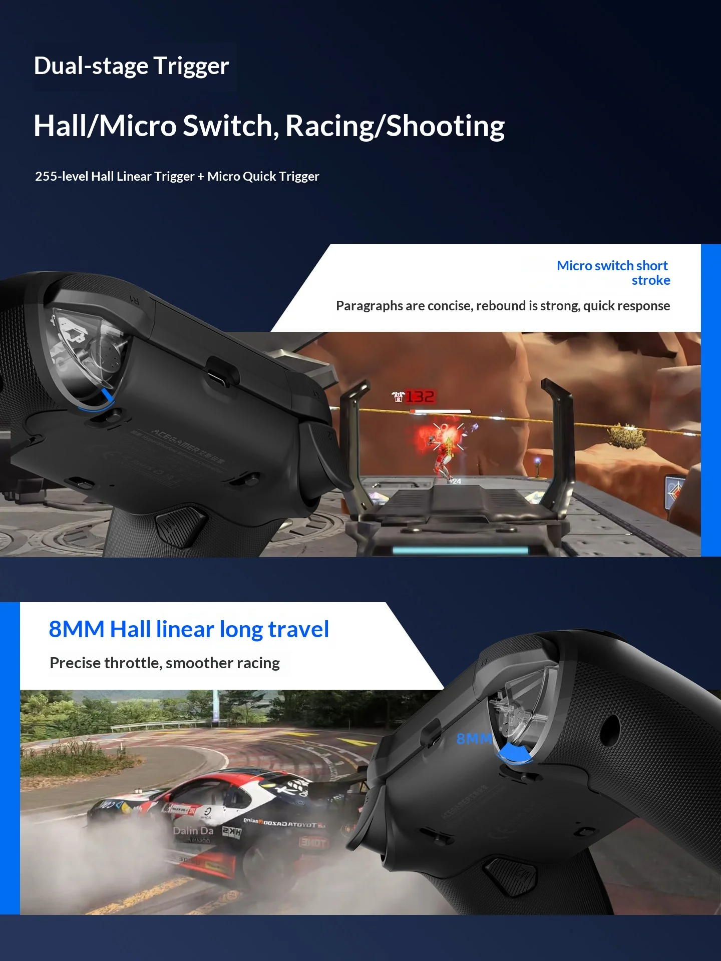 Ace Gamer Hyper Shadow D4 Game Controllers 3 Mode Wireless Gamepad Hall-Effect Trigger TMR Joystick 1000Hz Gamepads For PC/PS4