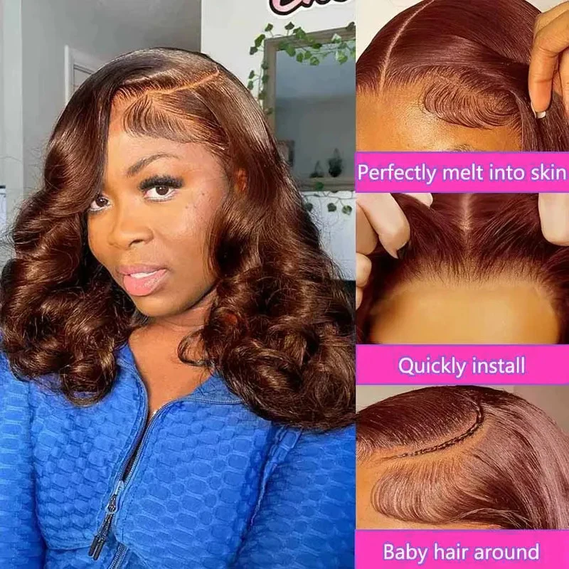 250% Density Chocolate Brown Bob Wigs Body Wave Human Hair 13x4 Lace Frontal Wigs Pre Plucked 100% Virgin Human Hair Color#4 Dark Brown Loose Wavy Lace Frontal Bob Wigs For Women