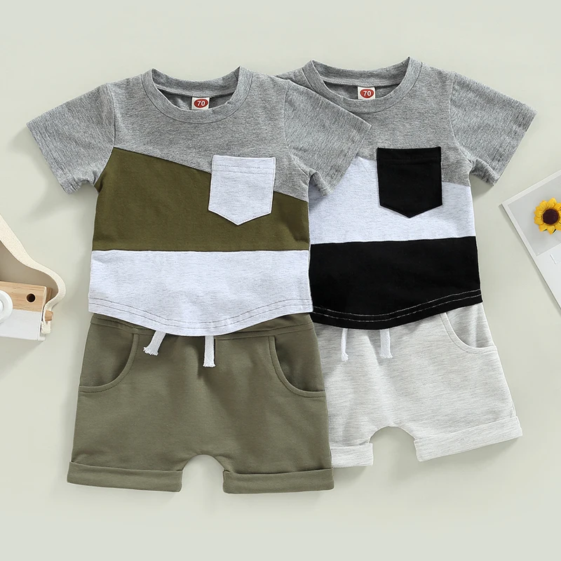 Newborn Baby Boys Summer Clothes Suits Stitching Color Short Sleeve T-Shirts Tops Elastic Waist Pants Casual Patchwork 2Pcs Set