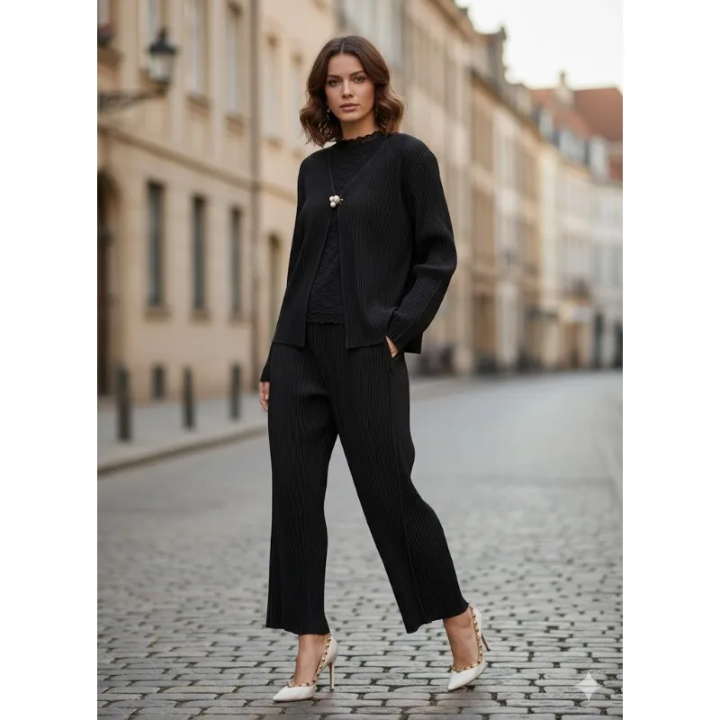 

Miyake Pleated Pants Suit 2026 Spring Fall Premium Sense Simplicity Long-sleeved Cardigan Loose Casual Harem Pants Suit Women