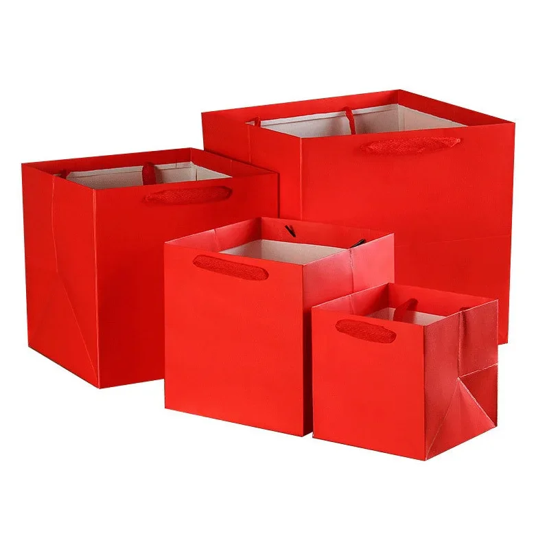 100Pcs/Lot 4 Colors Square Fruit Flowers Packaging Paper Bag With Handle Square Bottom Kraft Paper Bag Gift Bag 4 Size