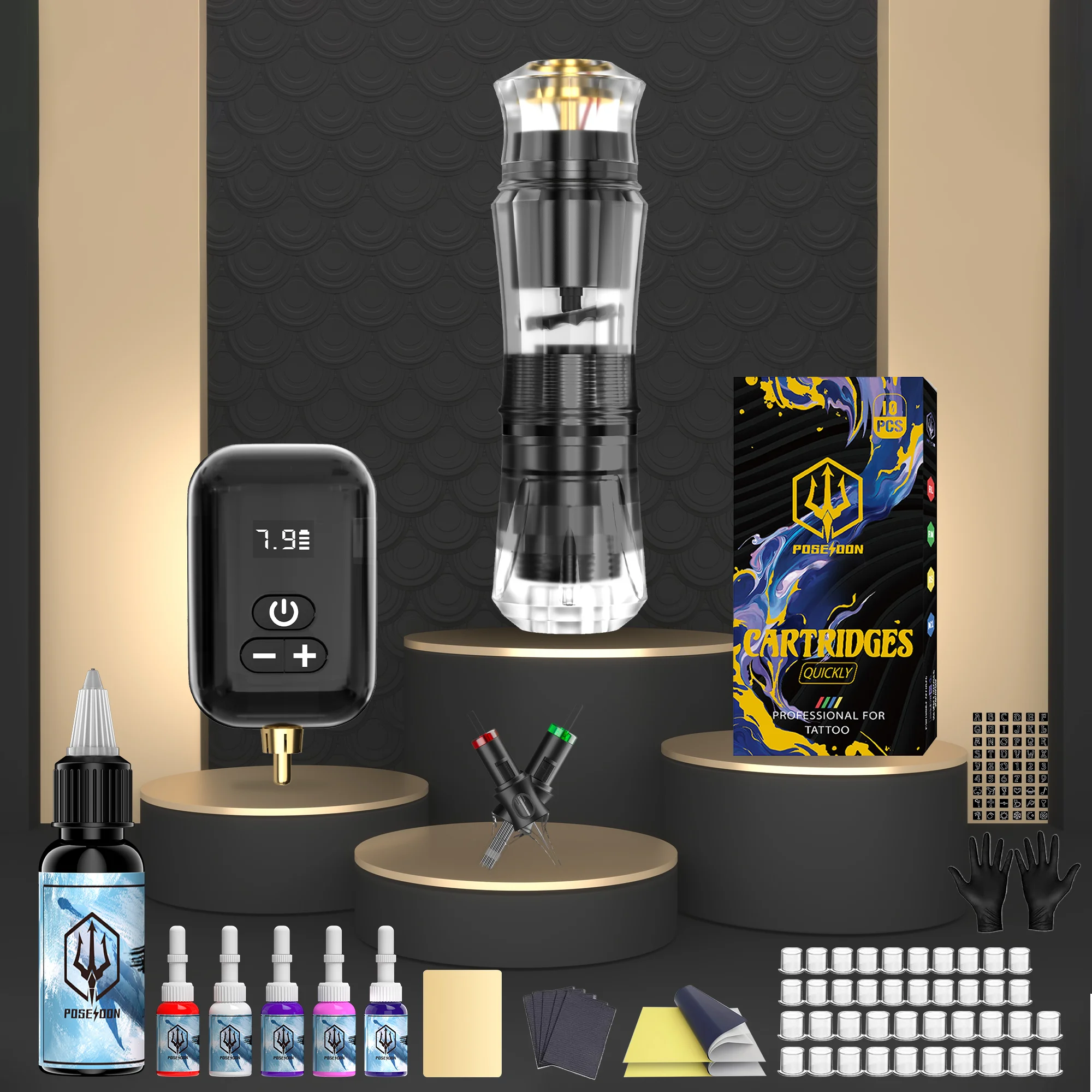 

POSEIDON Tattoo Kit Высококачественный набор ручек для татуировки для перманентного макияжа Набор тату-машин Прозрачный беспроводной набор тату-пистолетов