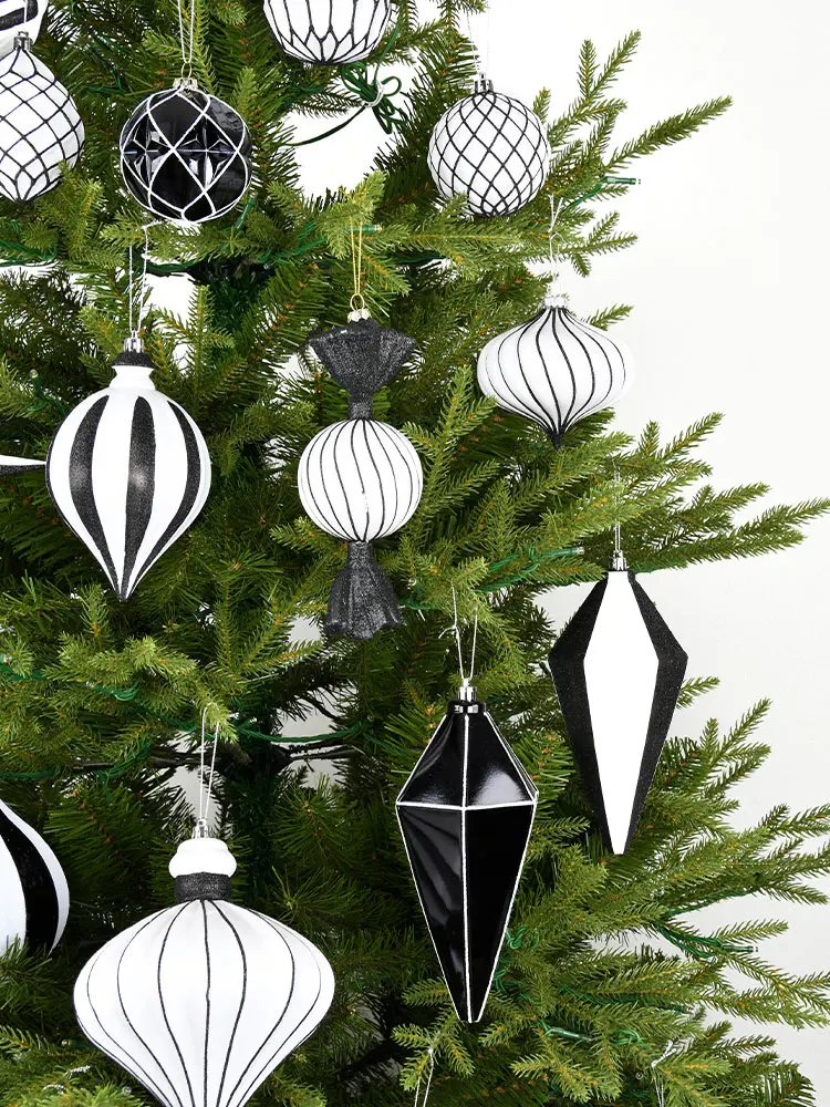 Christmas decoration black and white with hand painted plastic balls