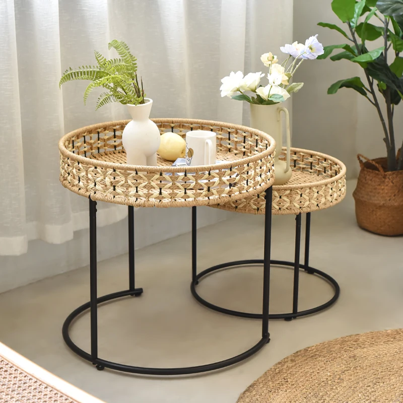 

ins paper rope woven coffee table Japanese-style sofa side table wrought iron round balcony rattan bed and breakfast corner