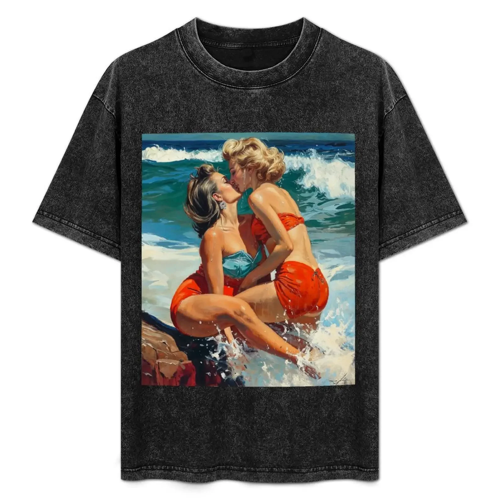 

Seaside Romance: Vintage Mature Lesbian Romance Art by the Waves T-Shirt cheap stuff summer top mens designer t shirt