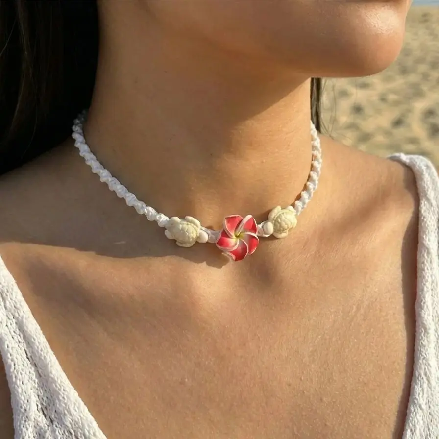Boho Big Flower Choker Necklace For Women Fashion Red Yellow Blue Flowers Sea Turtle Hand-woven Rope Neck Chain Summer Jewelry