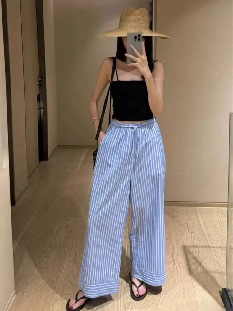 HH Women Summer Lace-up Striped Strained Slides Wide-Legging Trousers Female Elegant Commuter High Street Casual Long Pants