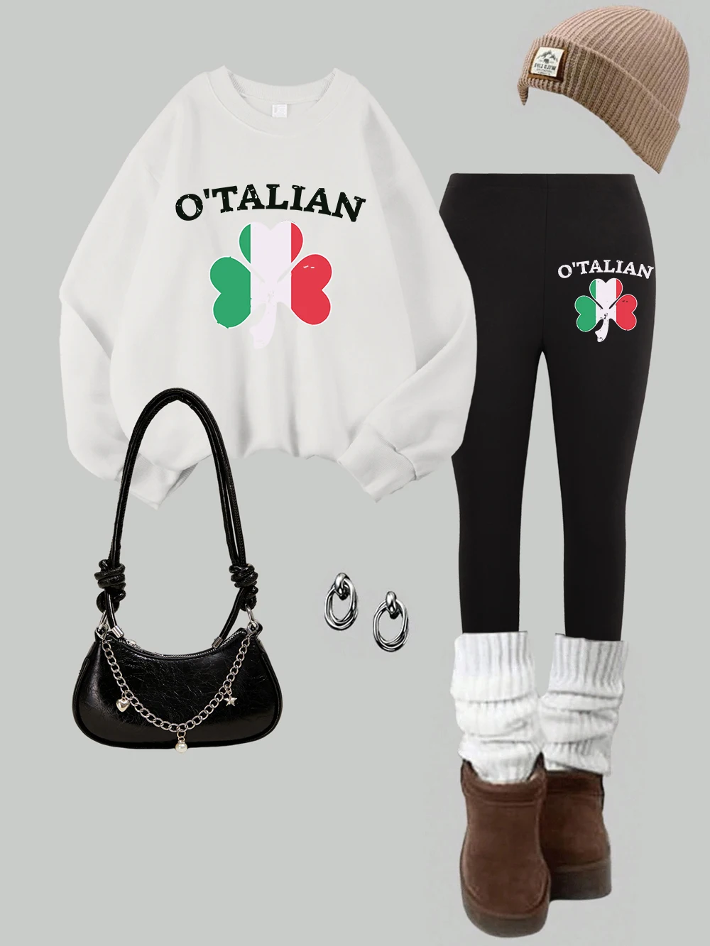 2 Piece Womens O'Talian Flag Clover Grass Prints Sweatshirt Leggings Set Street Fleece Thermal Hoodie Pants Winter Woman Clothes