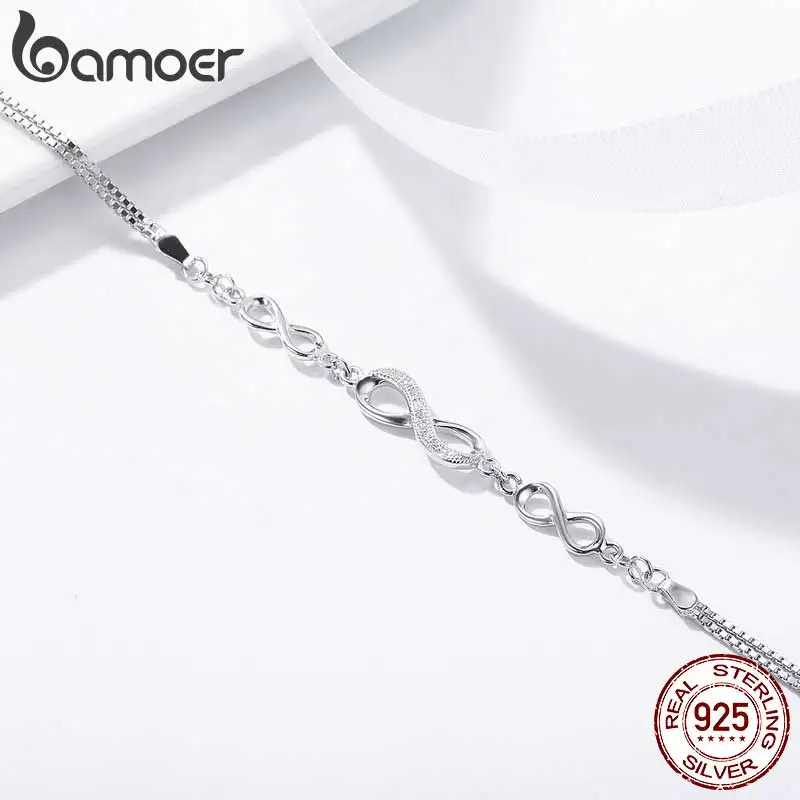 Bamoer Authentic 925 Sterling Silver Infinity Love Chain Link Adjustable Zircon Bracelet for Women Luxury Silver Jewelry SCB037