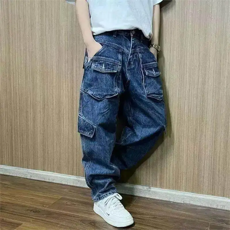American Style Casual Workwear Jeans Men's Loose Straight Leg High Street Cone Shaped Pants Spring Autumn Heavy Duty Multi Po...