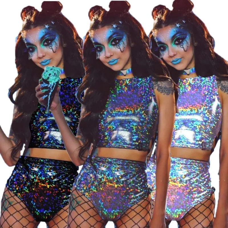 Metallic Two Piece Set Crop Top Shorts Nightclub Reflective Rave Outfit Party Pole Dance Costume Sexy Exotic Dance Wear 2024