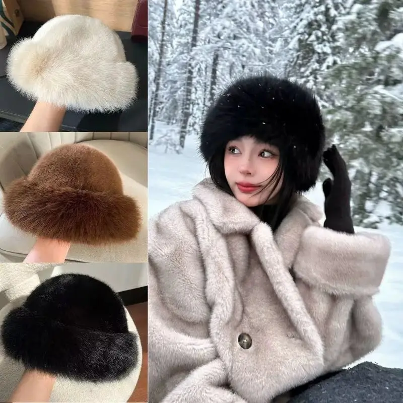 

HOT Winter Fluffy Fur Bucket Hat For Women Mongolian Hat Warm Women's Hat Chrismas Plush Fisherman Hat Thicken Panama Cap