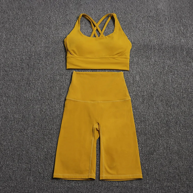 Nylon Yoga Set Gym Two Piece Sets Womens Bra Top Women Cycling Shorts Sport Fitness Sportswear 45 Colors Womens Clothing